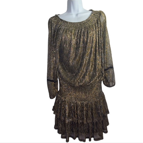 MUCHE MUCHETTE Gold Bronze Metallic Lame Boho Gypsy Ruffle Off Shoulder Dress - Picture 2 of 8